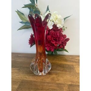 Vintage Amberina Red Art Glass Vase Ruffled Mid Century Modern Sculptural Decor